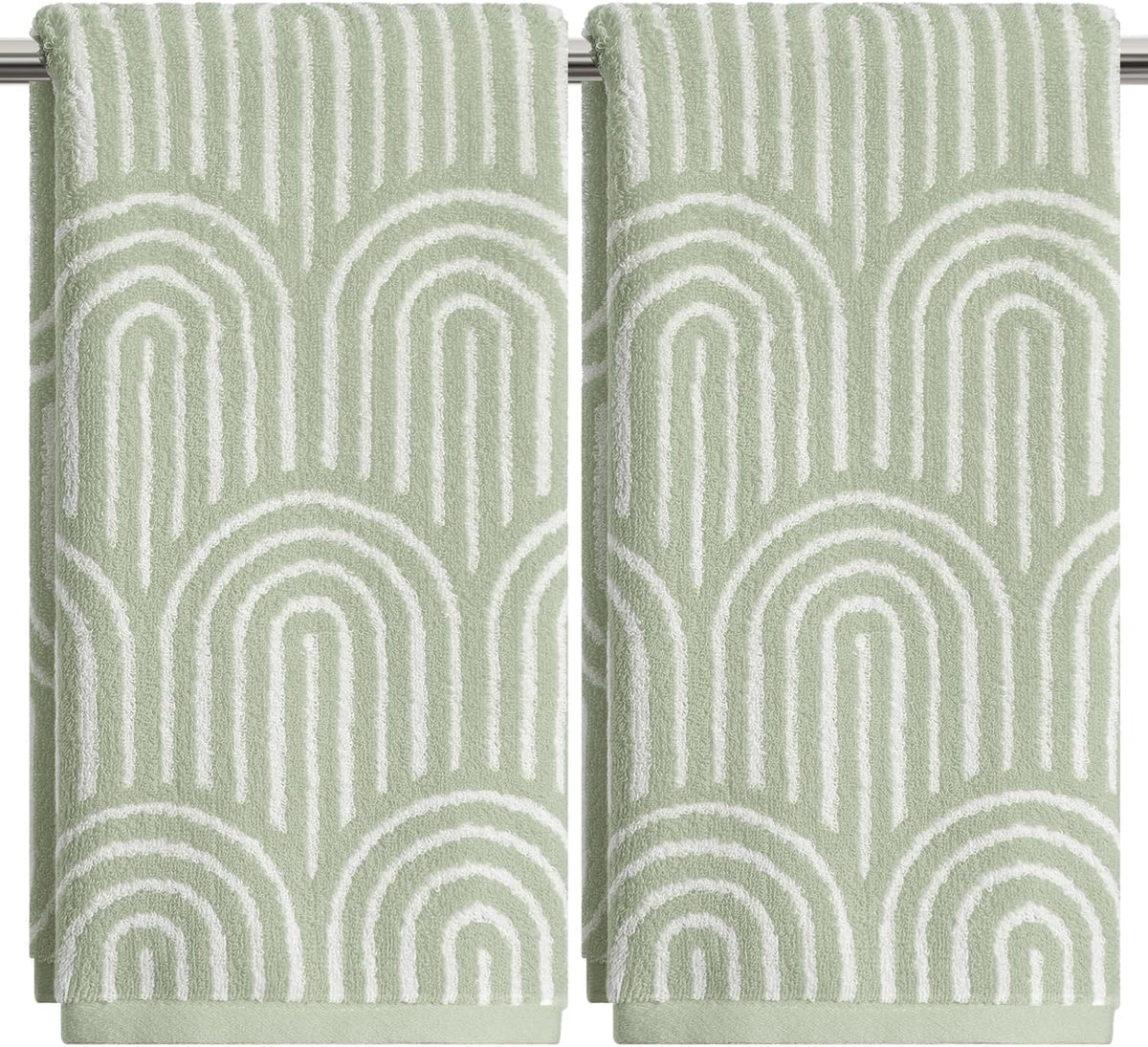 Artoid Mode 2 Pcs Beige Green Arched Stripes Jacquard Hand Towels for Bathroom, 100% Cotton Soft Absorbent Bathroom Decor Towels, 13.7 x 29.5 Inch