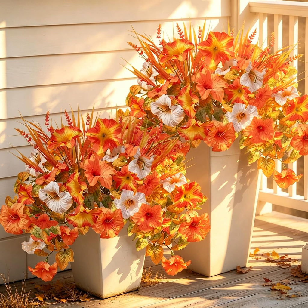 4 Pcs Large Artificial Fall Petunias Flowers with 4 Pcs Monkey Grass