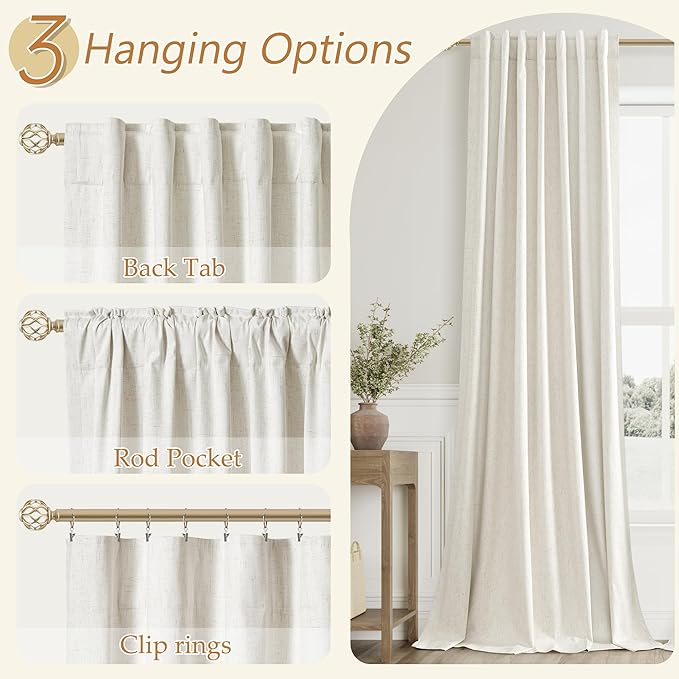 Guken Cream 100% Blackout Linen Curtains 108 Inch Length 2 Panels Set - Image 6