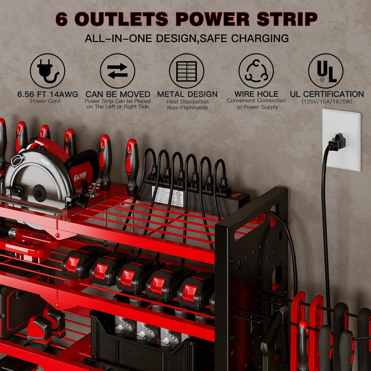 Cordless Power Tool Organizer Wall Mount, 6 Drill Holders, Red