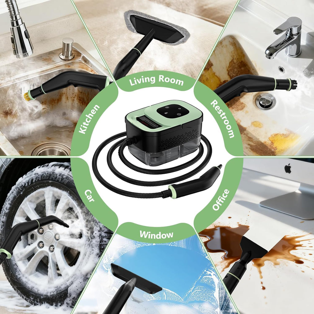 Steam Cleaner, Portable Steamer for Cleaning with 16pcs Accessories, 6-Level Adjustable and 15s Heat-Up, Handheld Steam Cleaner for Home, Tile, Dirt, Grout, Grease, Car Detailing, Dark Green