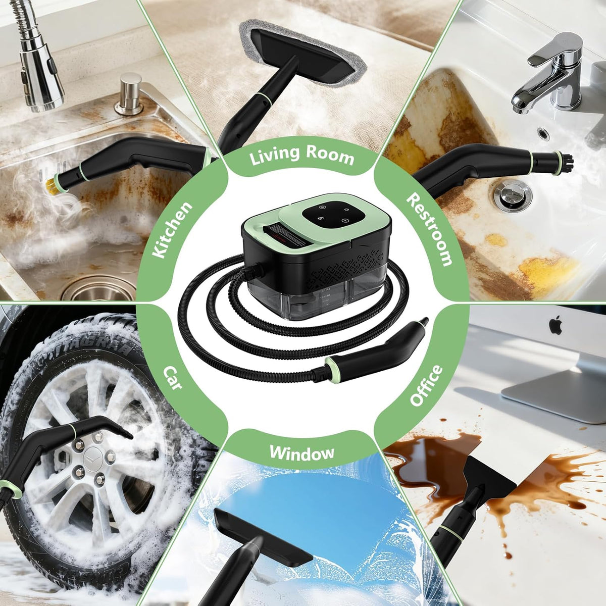 Steam Cleaner, Portable Steamer for Cleaning with 16pcs Accessories, 6-Level Adjustable and 15s Heat-Up, Handheld Steam Cleaner for Home, Tile, Dirt, Grout, Grease, Car Detailing, Dark Green