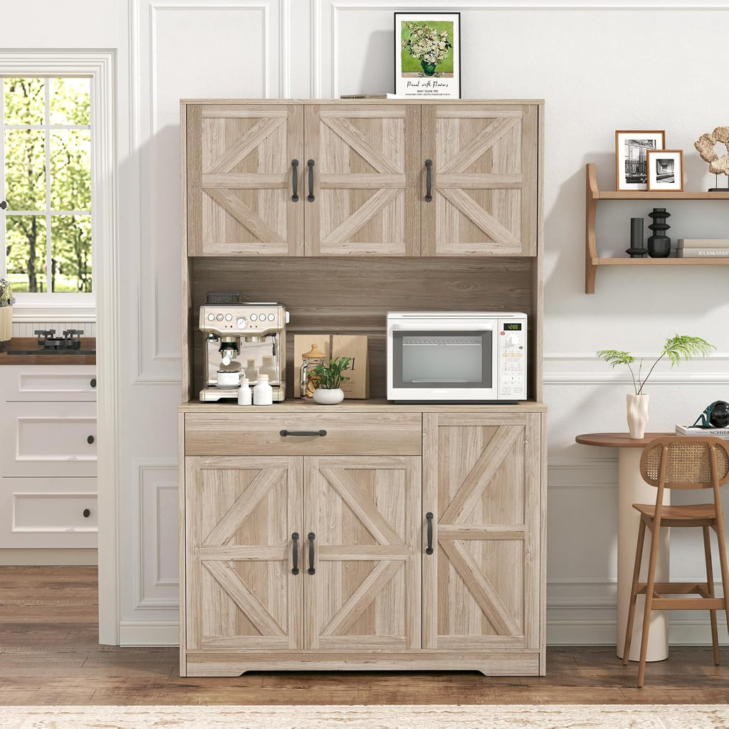 GRUSIGN 71" Pantry Cabinet with Charging Station, Large Capacity Kitchen Hutch Storage Cabinet, Kitchen Cabinet with Microwave Stand, Storage Drawers & Adjustable Shelves for Dining Room, Grey