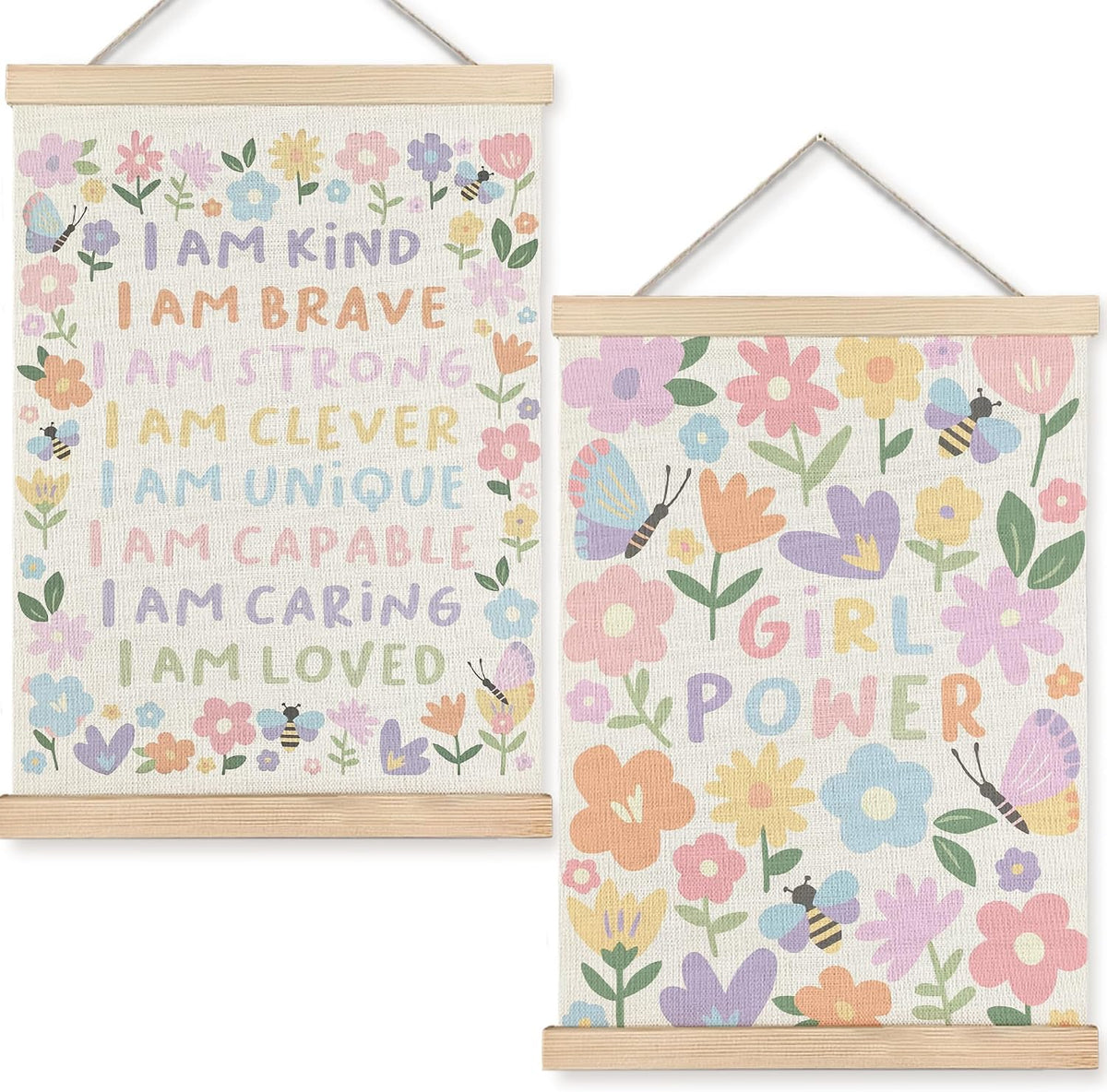 URLLUAE Girls Room Wall Decor, Nursery Colorful Flower Girly Wall Art With Wooden Poster Hanger, Pastel Floral Inspirational Canvas Prints Posters for Girls Room Nursery Playroom, 12x16 Inch Set of 2