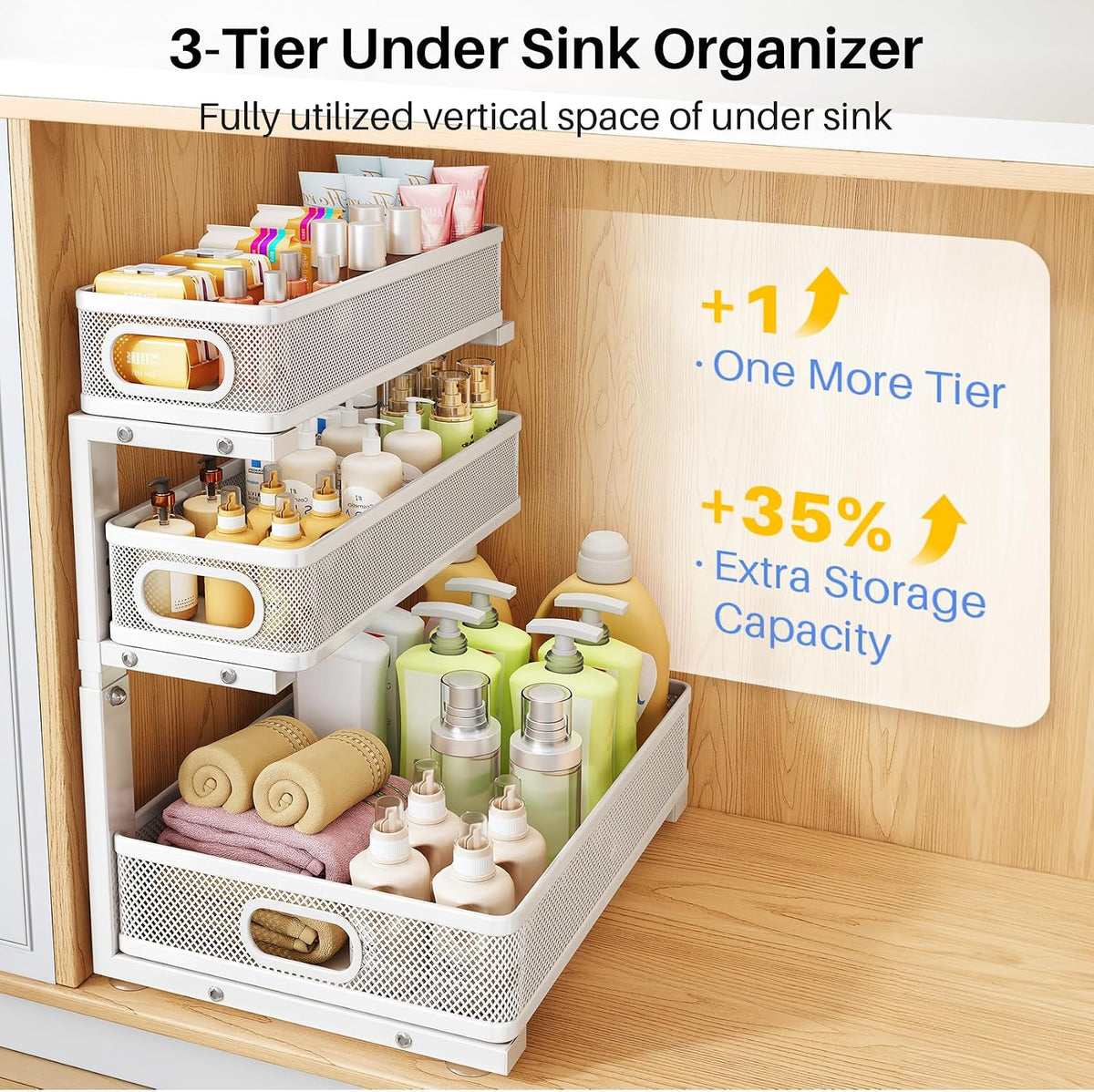 Under Sink Organizer, 3-Tier Thickened Metal Pull out Cabinet Organizer Shelf, Height Adjustable Slide out Storage Drawer Rack for Kitchen Bathroom Pantry Laundry Home Organization, 2-Pack, White