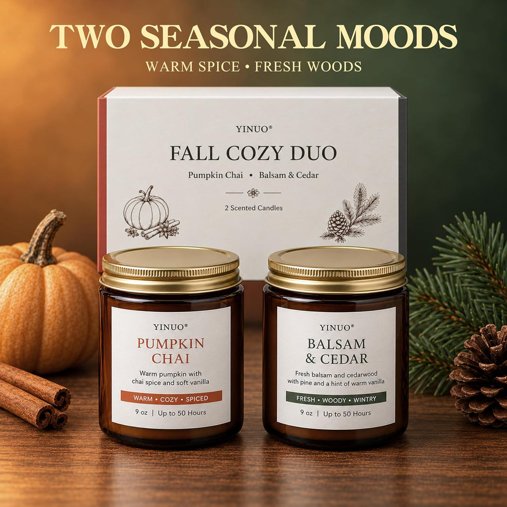 Fall Scented Candles Gift Set, 2 Pack 9oz, Pumpkin Chai & Balsam Cedar
