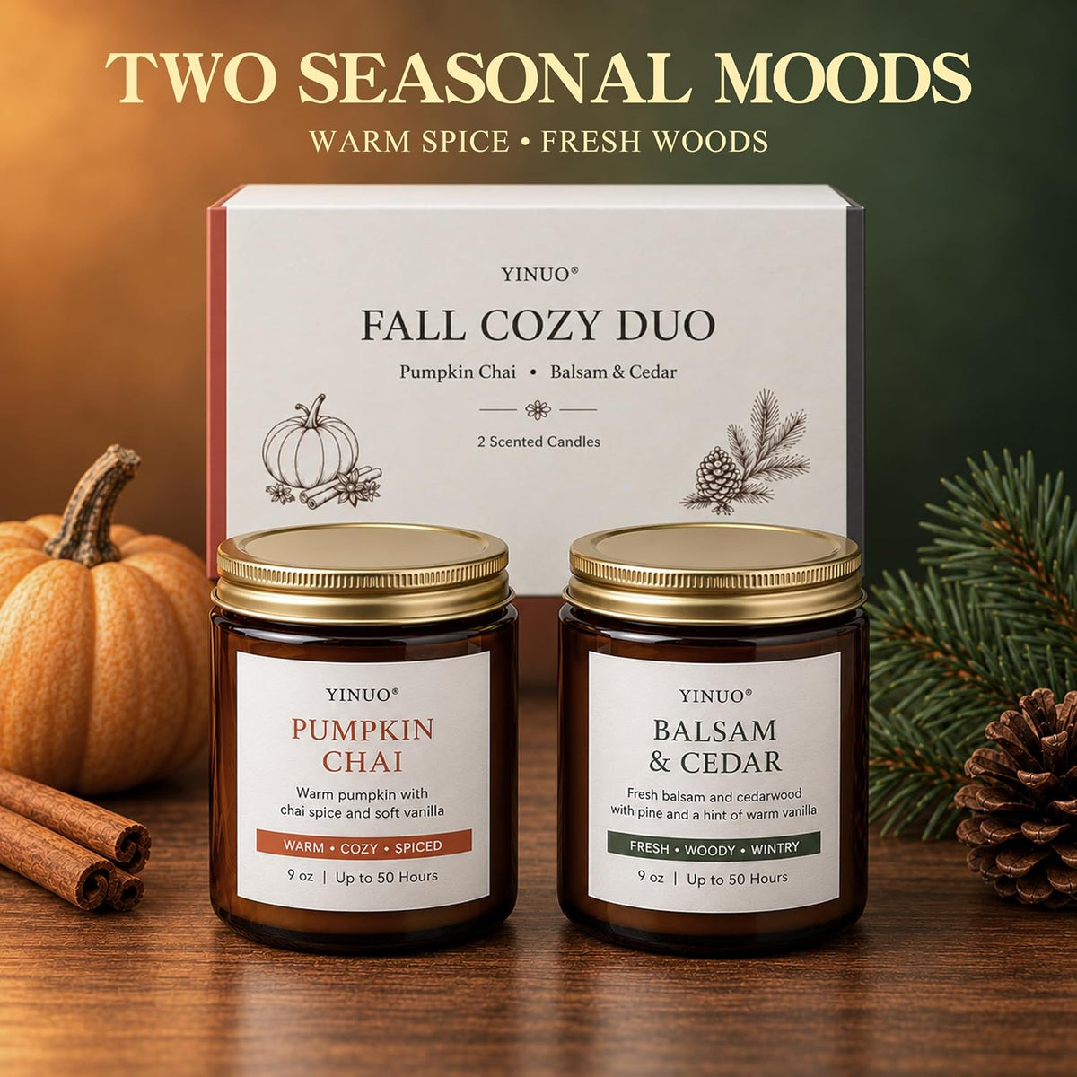 Fall Scented Candles Gift Set, 2 Pack 9oz, Pumpkin Chai & Balsam Cedar