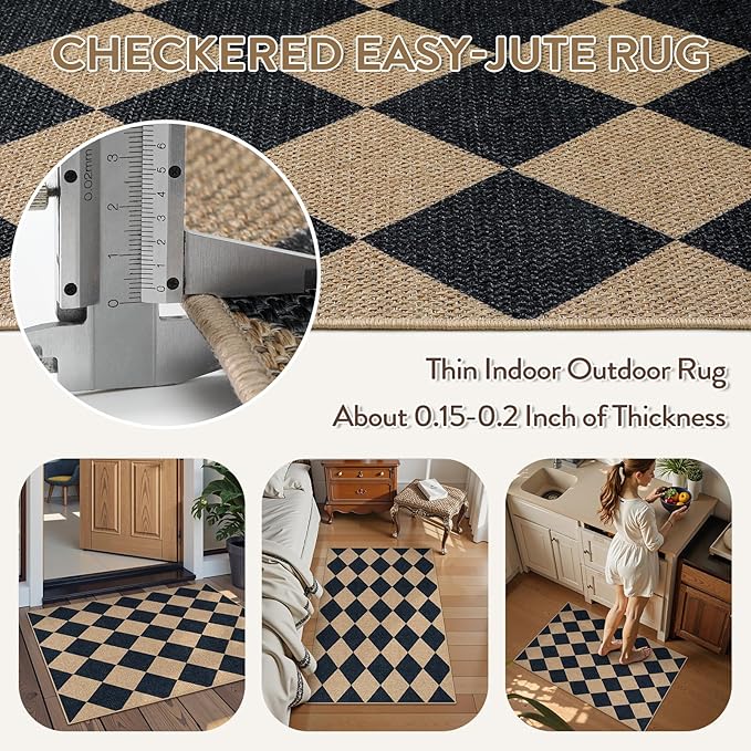 Lahome Colette Checkered Easy Jute Kitchen Rug, 2x3 Front Door Mat Non Slip - Image 5