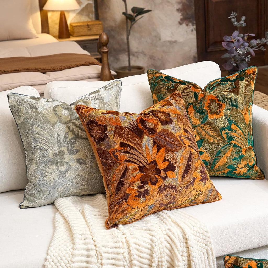 Alerfa Orange Neutral Floral Pillow Cover 18 x 18 Inch, Vintage Cut Velvet Square Couch Throw Pillow Cover Soft Decorative Farmhouse Accent Pillowcase for Living Room Bedroom