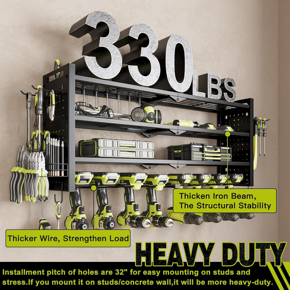 Power Tool Drill Holder Wall Mount, 4Tier Garage Organizer, Black