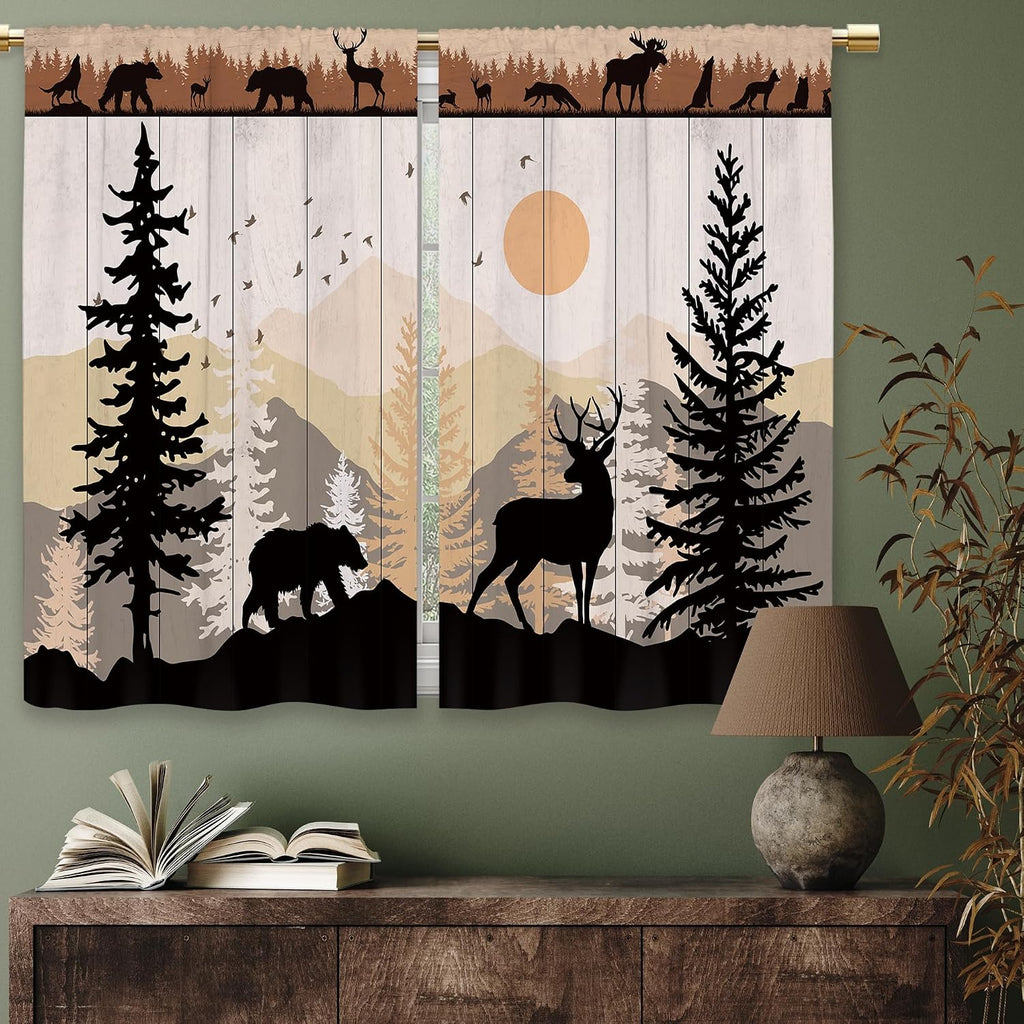 Farmhouse Forest Cabin Kitchen Curtains Rustic Wooden Small Short Cafe Window Curtains Tree Country Deer Bear Rod Pocket Bathroom Window Drapes Treatment Tier Curtains 2 Panels (26x24 Inch)