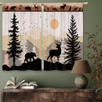 Farmhouse Forest Cabin Kitchen Curtains Rustic Wooden Small Short Cafe Window Curtains Tree Country Deer Bear Rod Pocket Bathroom Window Drapes Treatment Tier Curtains 2 Panels (26x24 Inch)