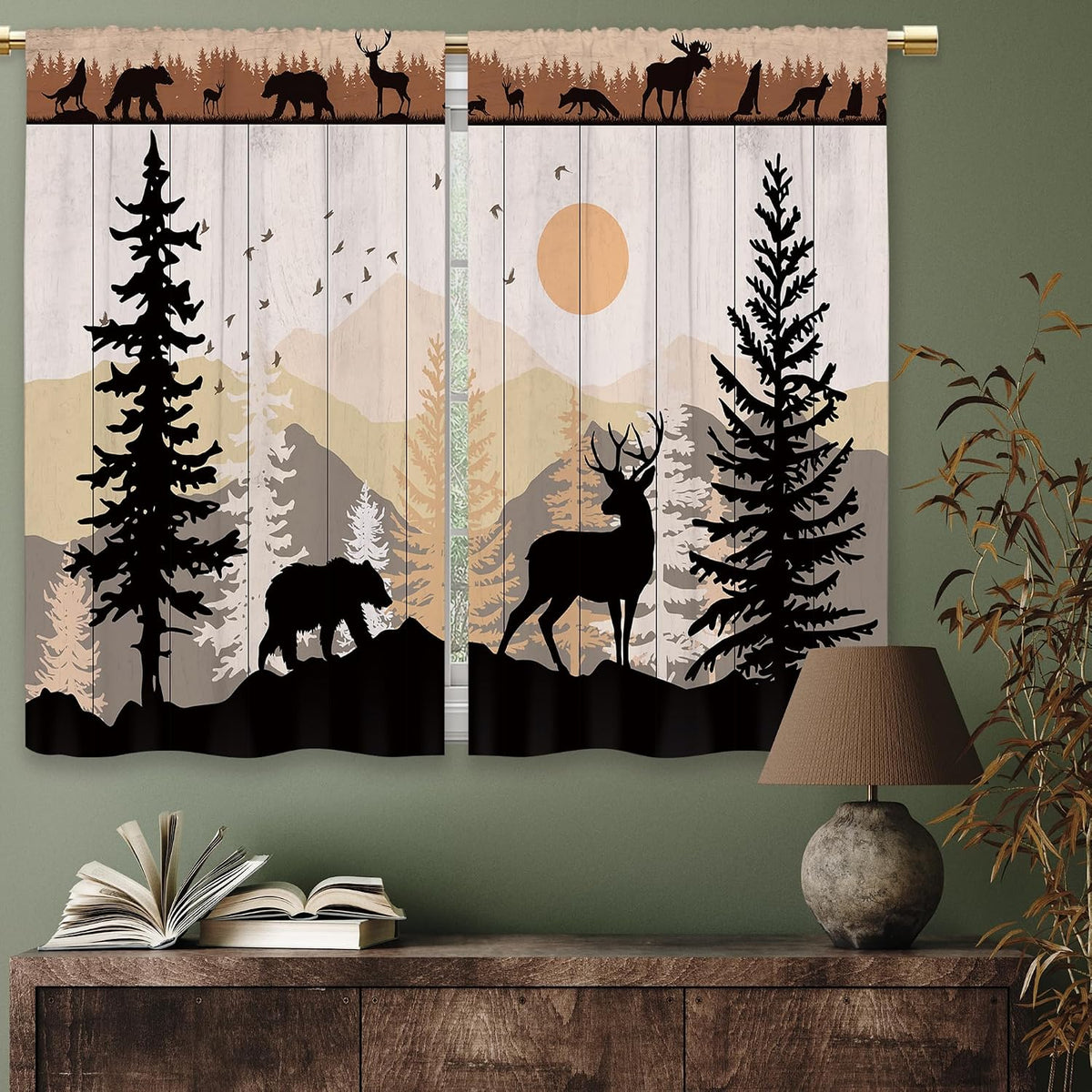 Farmhouse Forest Cabin Kitchen Curtains Rustic Wooden Small Short Cafe Window Curtains Tree Country Deer Bear Rod Pocket Bathroom Window Drapes Treatment Tier Curtains 2 Panels (26x24 Inch)