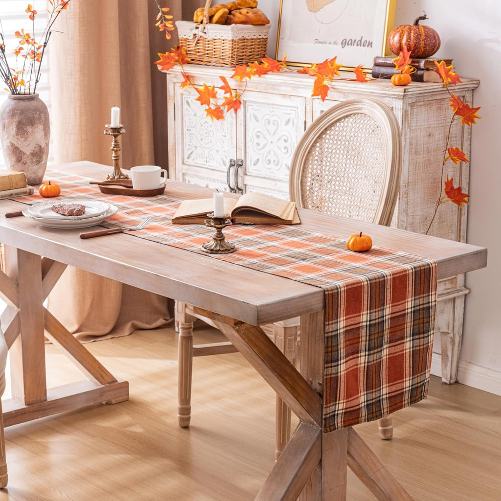 AQOTHES Plaid Fall Thanksgiving Rust Orange Table Runners 90 inches Long