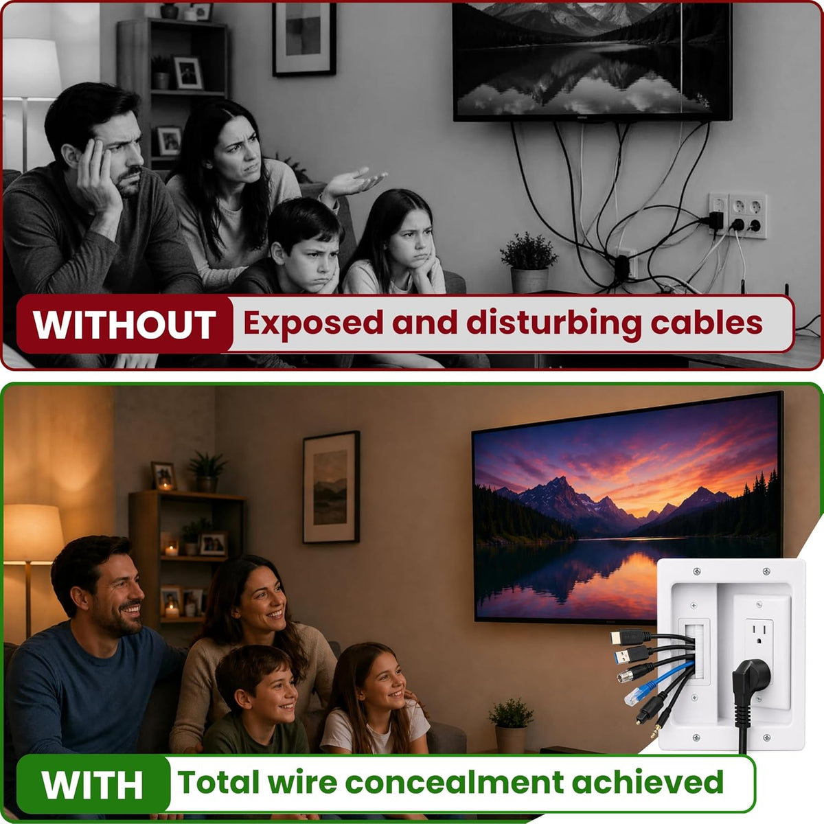 Premium in Wall TV Cable Management Kit for 65+ Inch Smart TVs with Recessed Triple Outlet Box, Wire Hider, Pass Through Plate, Low Voltage Cable Plate, Wire Concealer, Home Theater DIY