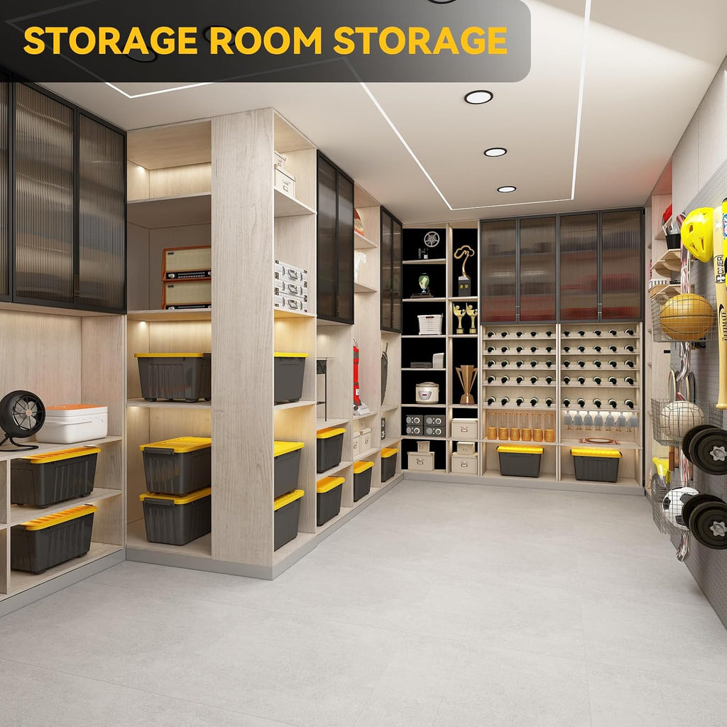 72 Quart Plastic Storage Bin On The Wheels, Stackable and Nestable Storage Boxes with Lids and Secure Latching Buckles, Large Storage Container (Black/Yellow, 72Quart-4Pack)