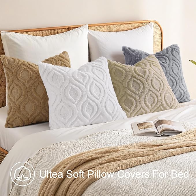 decorUhome Throw Pillow Covers 22x22 Inch Set of 2, Soft Plush Faux Wool Khaki - Image 5