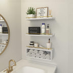 WOPITUES Floating Shelves for Wall with Cube Shelf, Wall Shelves with Metal Rail for Decor, Bathroom Organizers and Storage, Over Toilet Shelves for Bathroom, Toilet Paper-White&Gold
