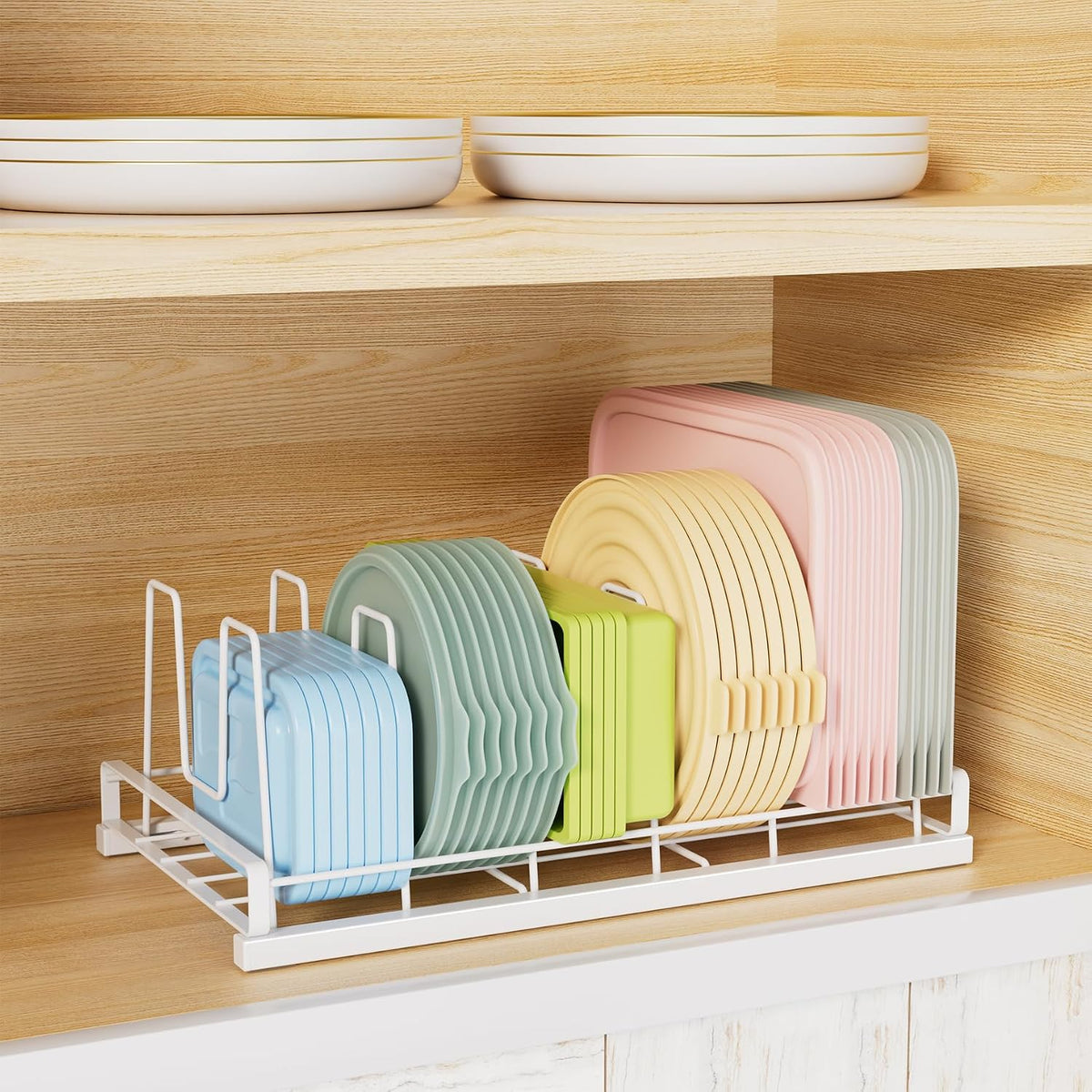 Food Container Lid Organizer Rack with Adjustable 6 Dividers, White