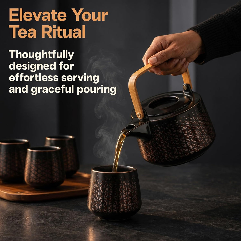 Ceramic Teapot, 1L (33.8 oz), Matte Black Tea Pot with Foldable Bamboo Handle and Copper Geometric Design, Serves 4 to 5, Gift Boxed Teapot for Steeping and Serving Tea