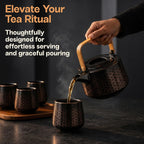 Ceramic Teapot, 1L (33.8 oz), Matte Black Tea Pot with Foldable Bamboo Handle and Copper Geometric Design, Serves 4 to 5, Gift Boxed Teapot for Steeping and Serving Tea