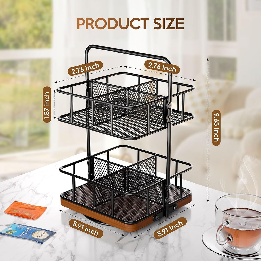 Rotating 2 Tier Tea Bag Organizer, 360° Spinning Teabag Organizer