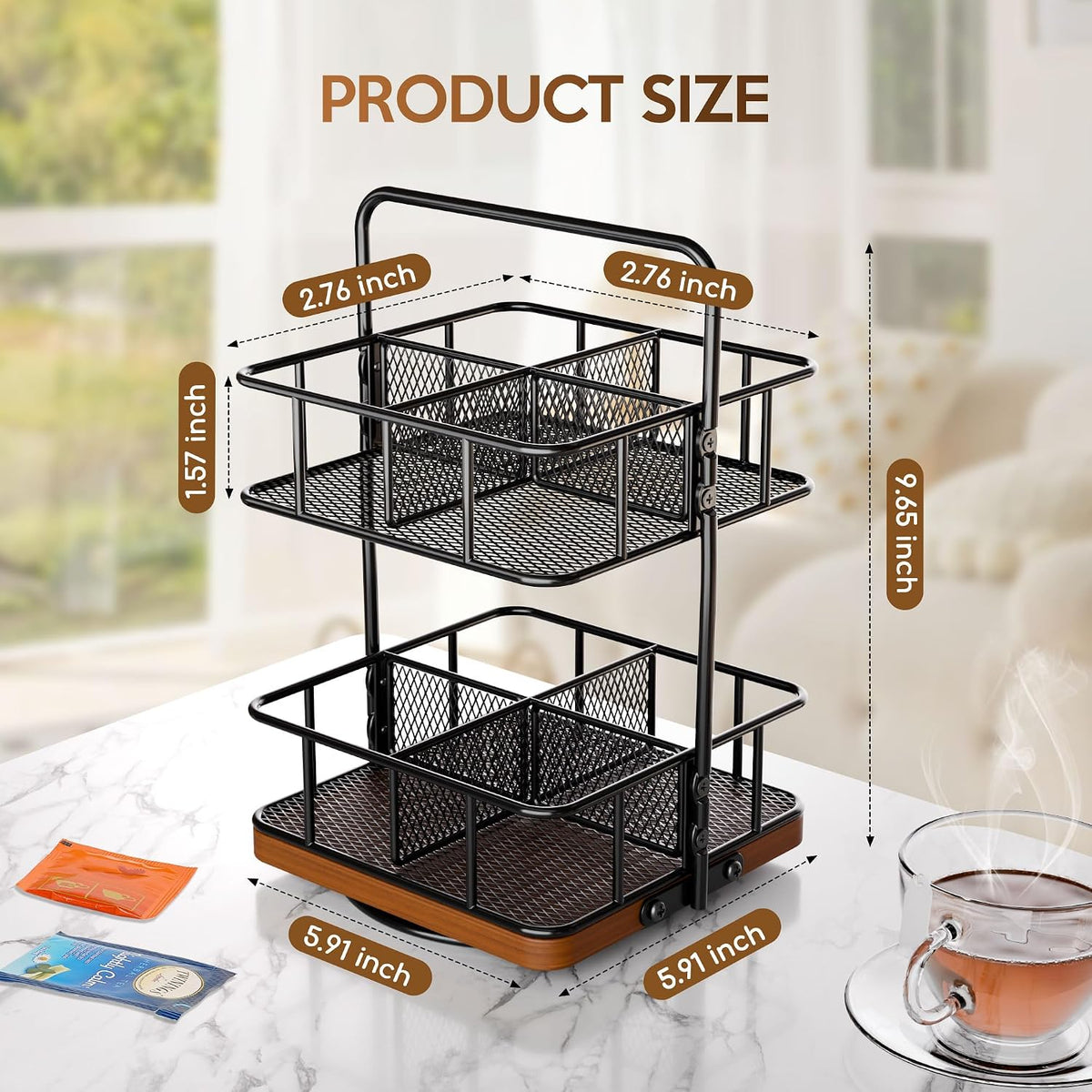 Rotating 2 Tier Tea Bag Organizer, 360° Spinning Teabag Organizer
