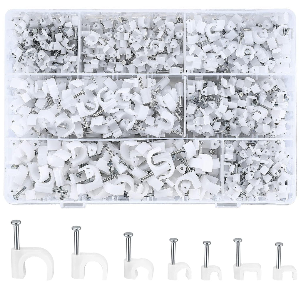 700 Pcs Cable Clips with Steel Nails, Cable Wire Cord Management Clips, White Ethernet Cable/Coax Cable/Cable Cord Holder Staples Clips with Tacks Nails for Wall, 4mm 5mm 6mm 8mm 10mm