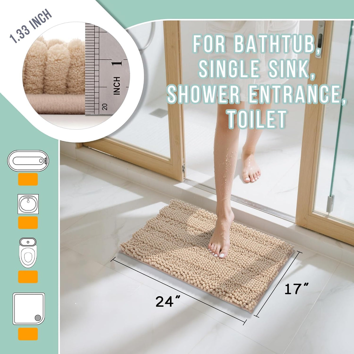 Yimobra Bathroom Rug Mat, Non Slip and Super Absorbent Bath Mat, Machine Washable Quick Dry, Ultra Plush Chenille Shower Rugs for Bathroom Floor Sink Tub and Shower Outside, Beige, 24 x 17