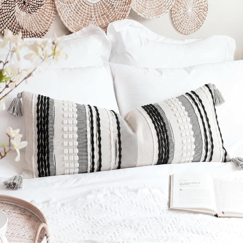 NUYECY Chenille and Cotton Long Pillow for Bed, Striped Textured Boho Lumbar Throw Pillow Cover 14x36, Neutral Accent Decorative Extra Long Body Pillow Case for Couch, Sofa, Bedroom, Black and White