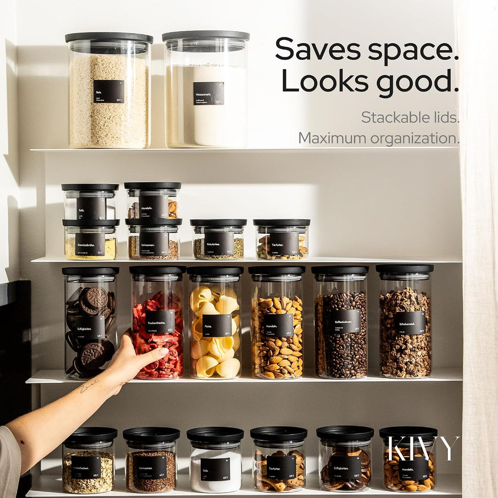 KIVY Airtight Glass Jars with transparent Lids & Labels 3x 40oz - Stackable