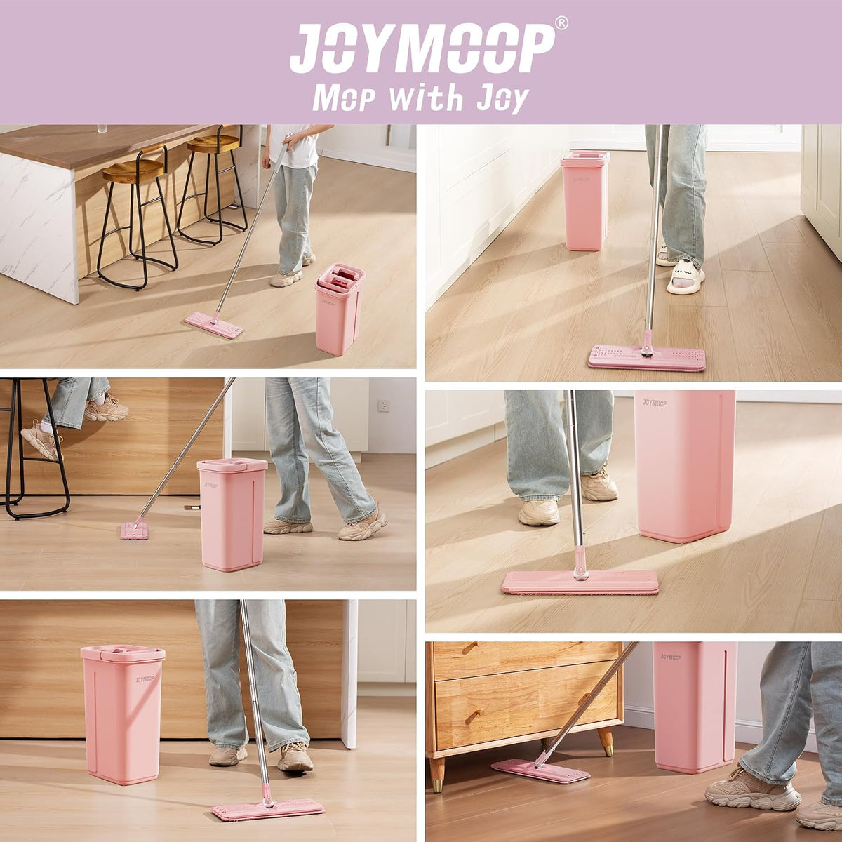 JOYMOOP Pink Mop and Bucket with Wringer Set for Home, with 3 Reusable Microfiber Mop Pads, Hands-Free Self-Cleaning System, Suitable for Floor Cleaning and Wall Cleaner