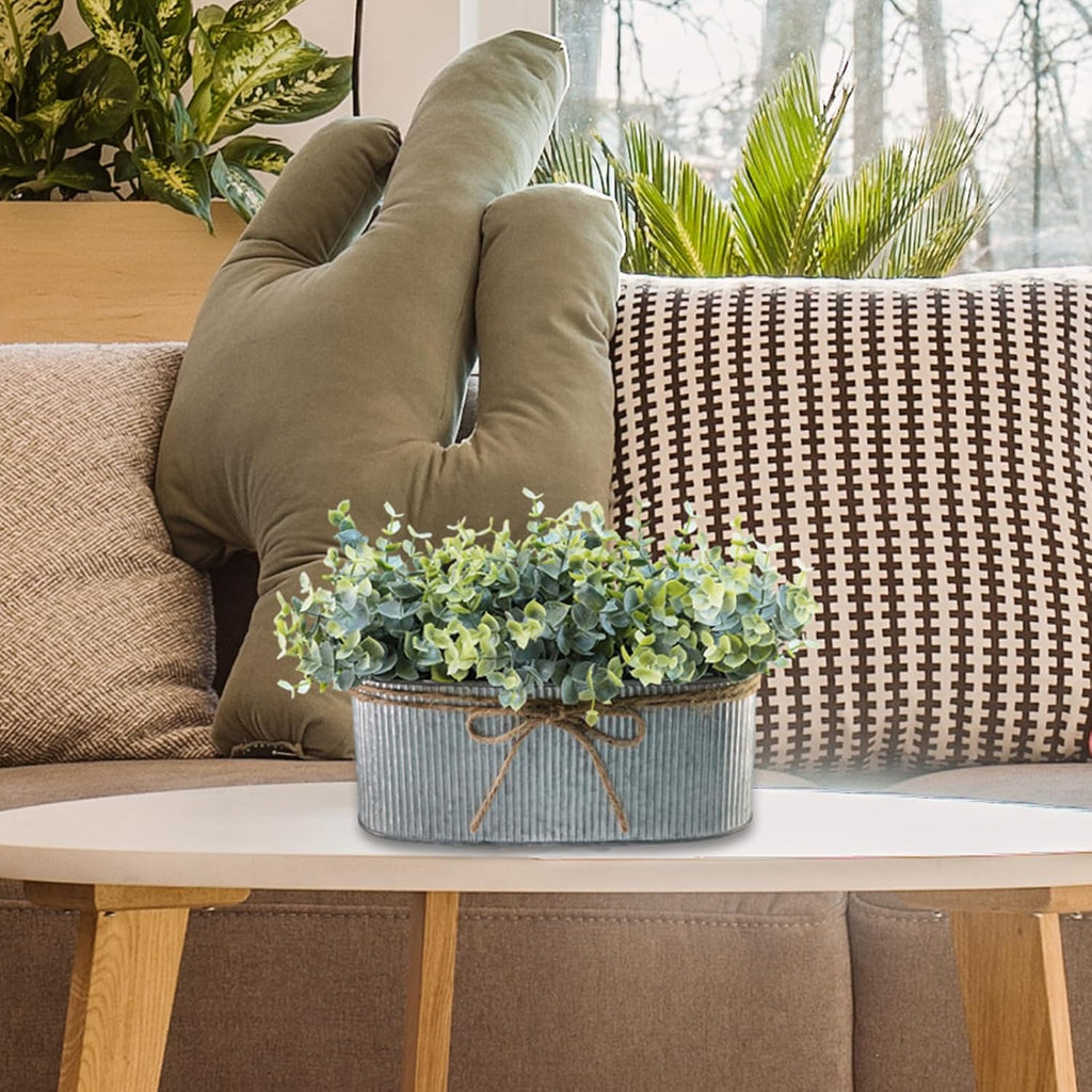 Winlyn Artificial Eucalyptus Arrangement in Rustic Oval Galvanized Metal Planter Box Faux Eucalyptus Bush Greenery Potted Plants for Farmhouse Indoor Home Office Table Centerpiece Kitchen Décor