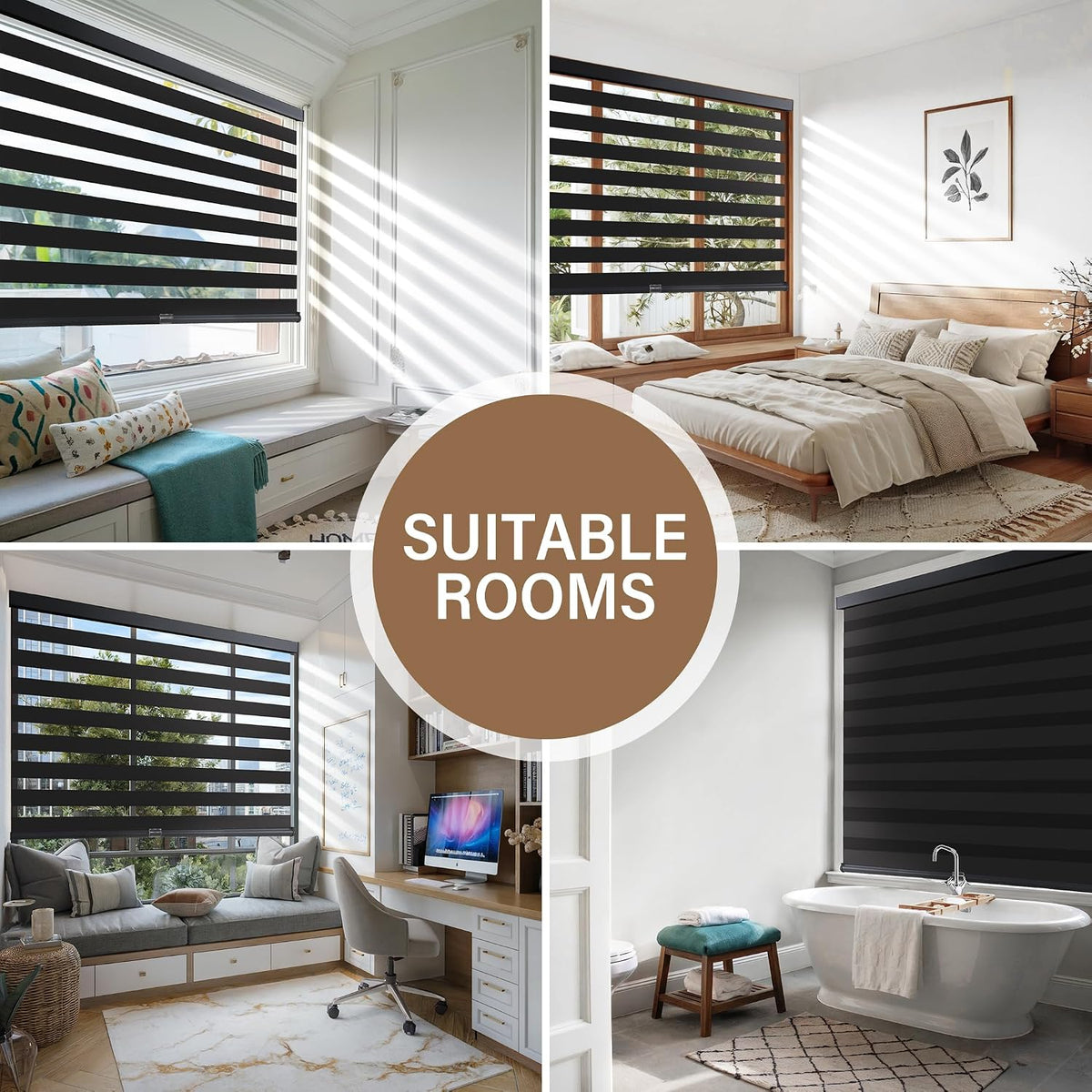 AOSKY Cordless Zebra Blinds for Indoor Windows, 34" W x 72" H, Black