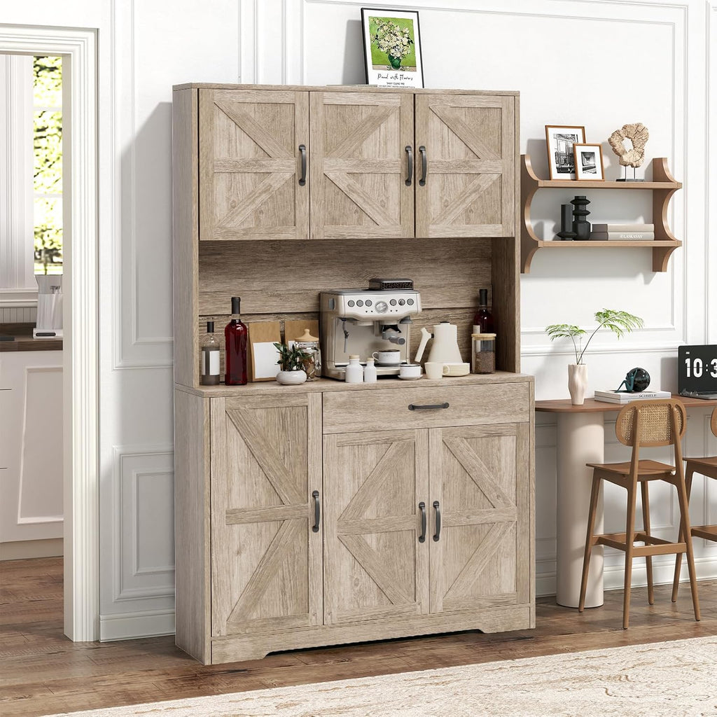 GRUSIGN 71" Pantry Cabinet with Charging Station, Large Capacity Kitchen Hutch Storage Cabinet, Kitchen Cabinet with Microwave Stand, Storage Drawers & Adjustable Shelves for Dining Room, Grey