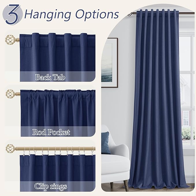 Guken Classic Blue 100% Blackout Linen Curtains 90 Inch Length 2 Panels Set - Image 6