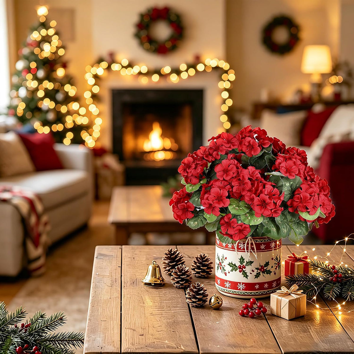 Artificial Flowers No Fade Realistic Geraniums Red Christmas Decor 6 Bundle