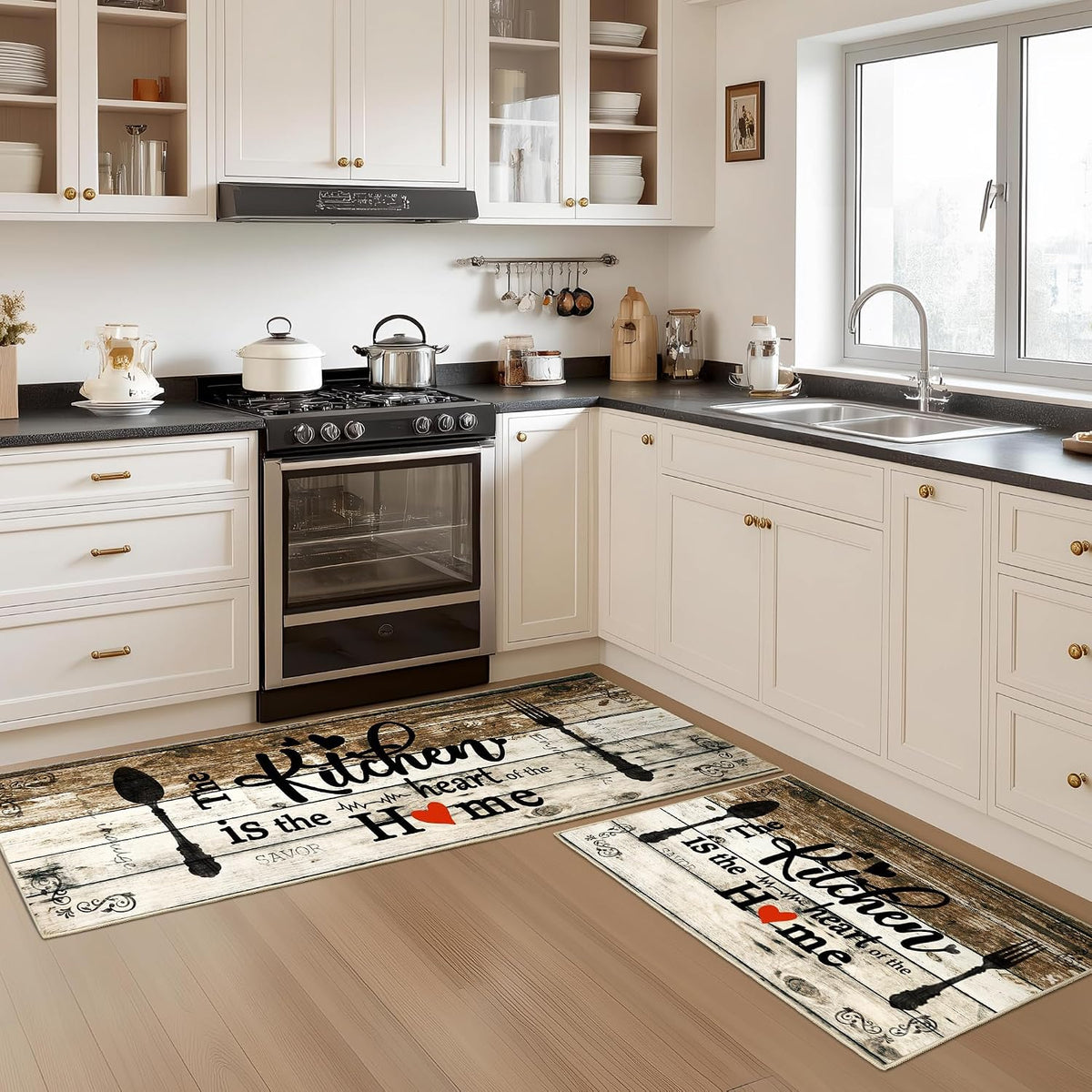 Non Slip Kitchen Mats for Floor Washable Kitchen Rugs 3 Piece,Coffe Wooden
