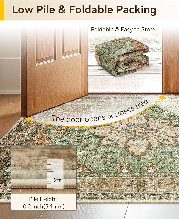 Area Rugs 6'x8' Washable Non-Slip, Floral Vintage Distress Print Pattern - Image 4