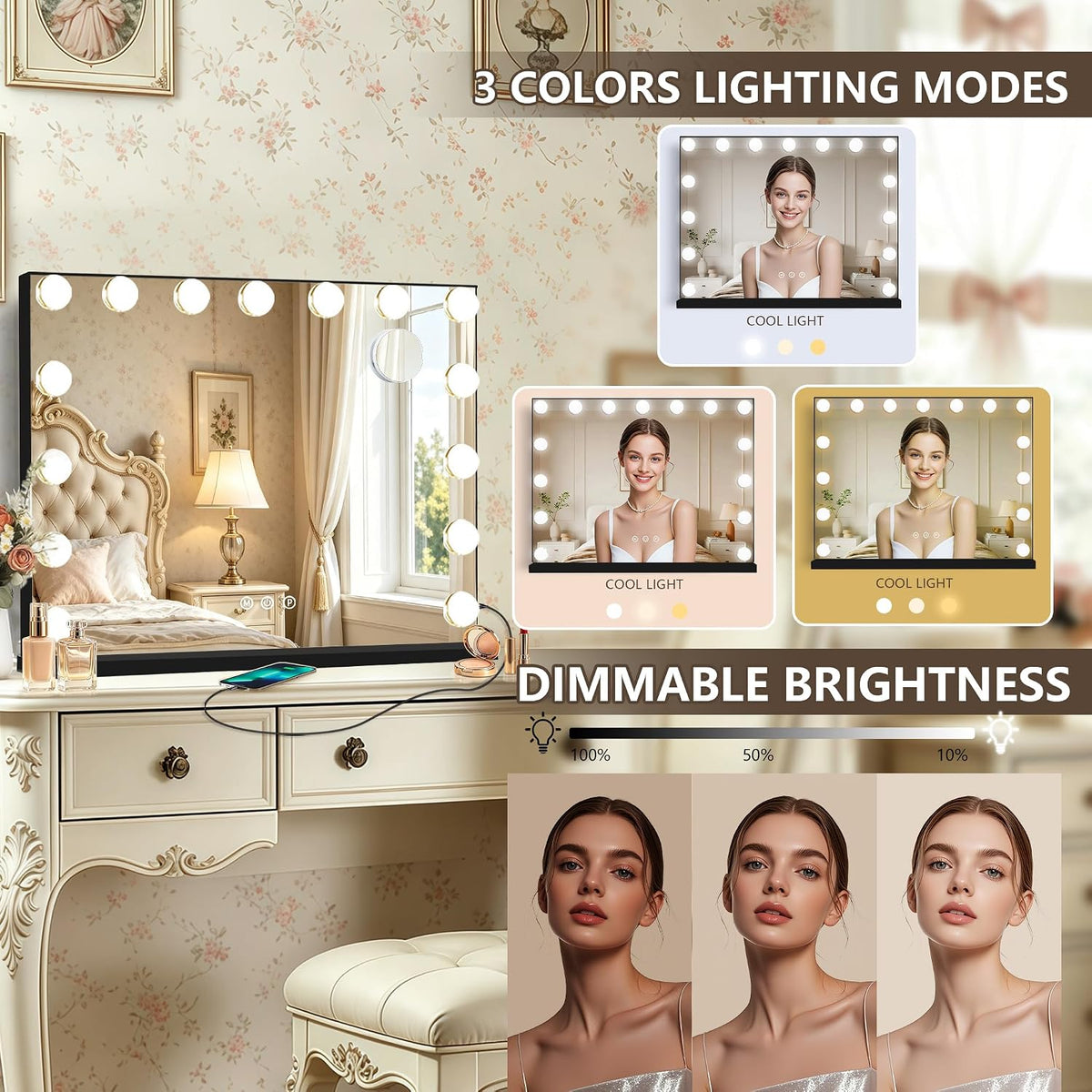 Ratsamee Black Hollywood Vanity Mirror with Lights, 15 Dimmable Bulbs, 3 Color Lights,Make Up Lighted Mirror, Aluminum Metal Frame, USB Charging Port（23" x 18"）