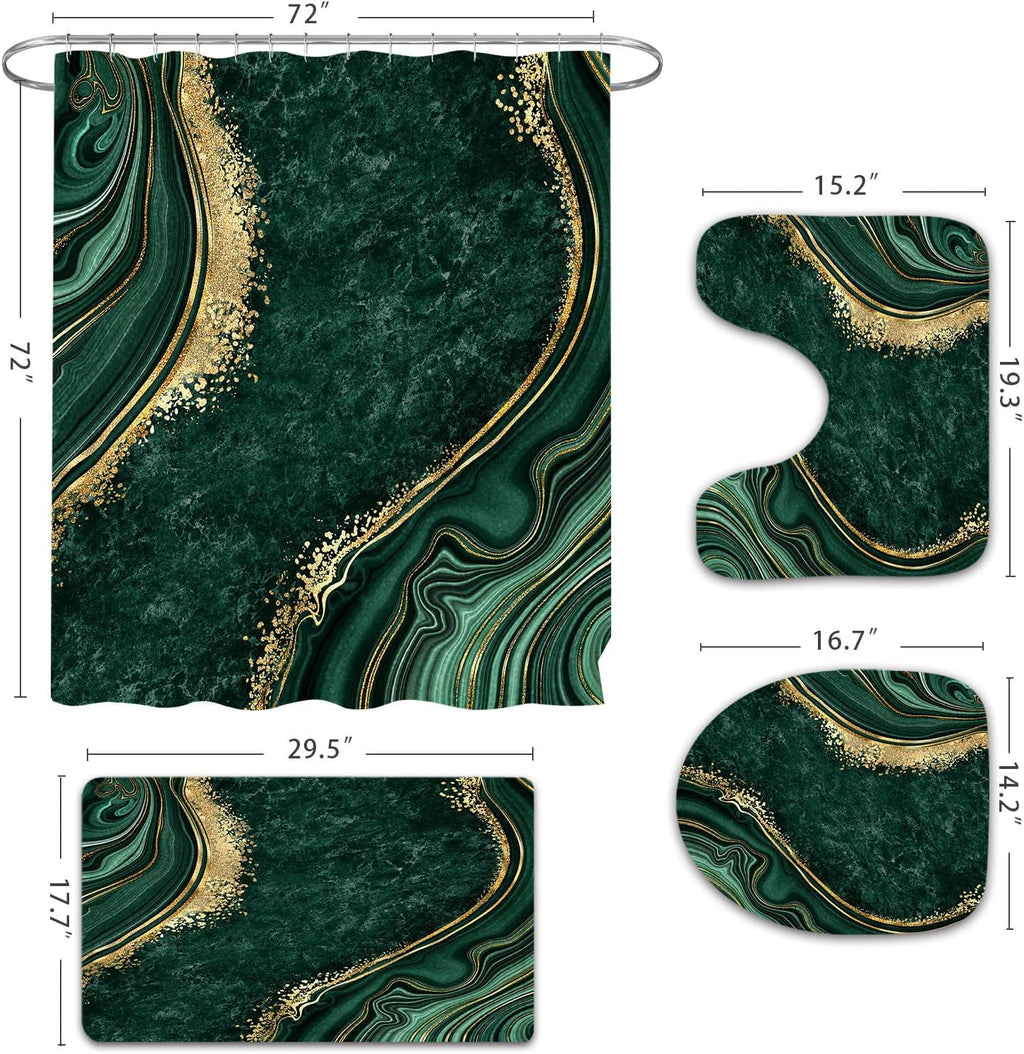 Gibelle 4 Pcs Luxury Marble Shower Curtain Set with Non-Slip Rugs, Toilet Lid Cover and Bath Mat, Gold Foil Emerald Green Bathroom Decor Set with Shower Curtain and Rugs and Accessories