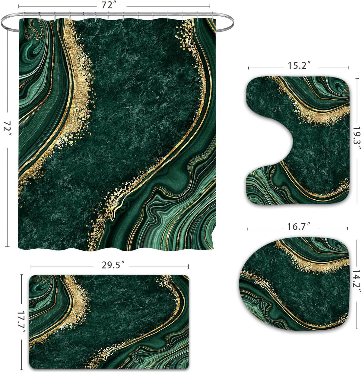 Gibelle 4 Pcs Luxury Marble Shower Curtain Set with Non-Slip Rugs, Toilet Lid Cover and Bath Mat, Gold Foil Emerald Green Bathroom Decor Set with Shower Curtain and Rugs and Accessories
