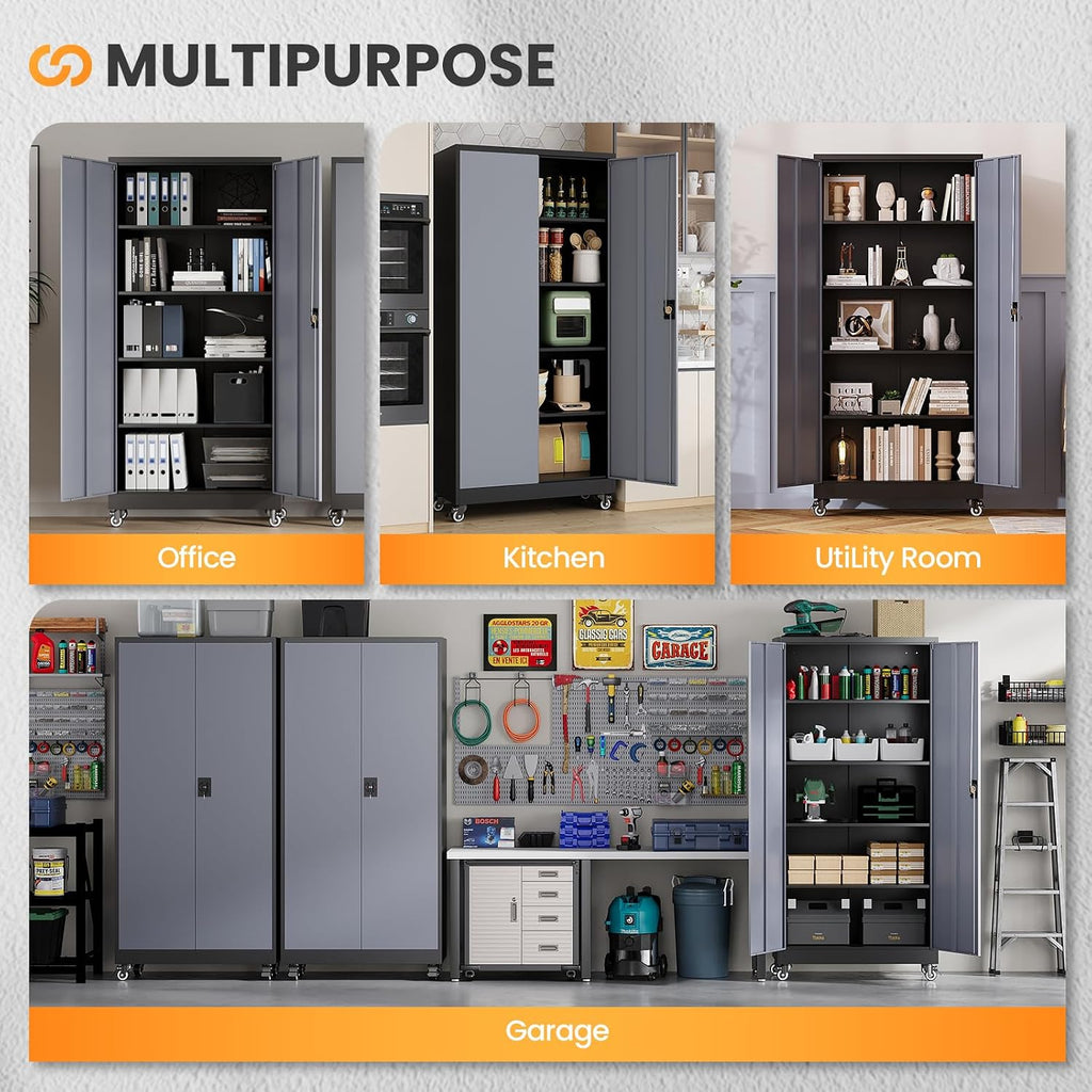 75"H Metal Garage Cabinets with Wheels, Storage Cabinet with 2 Doors