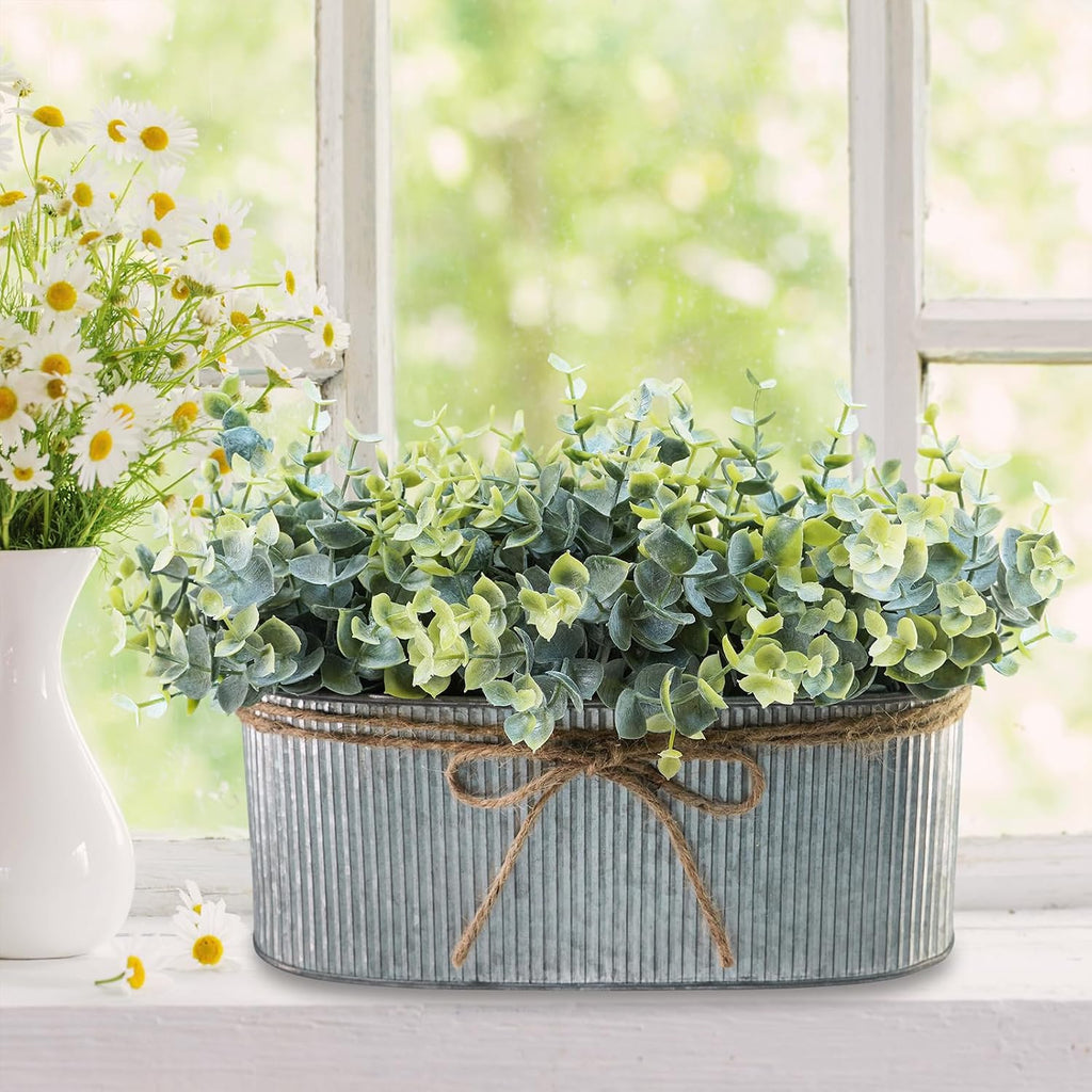 Winlyn Artificial Eucalyptus Arrangement in Rustic Oval Galvanized Metal Planter Box Faux Eucalyptus Bush Greenery Potted Plants for Farmhouse Indoor Home Office Table Centerpiece Kitchen Décor