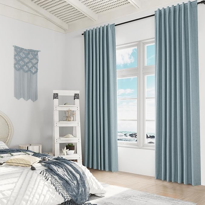 Guken Blue 100% Blackout Linen Curtains 120 Inch Length 2 Panels Set - Image 8