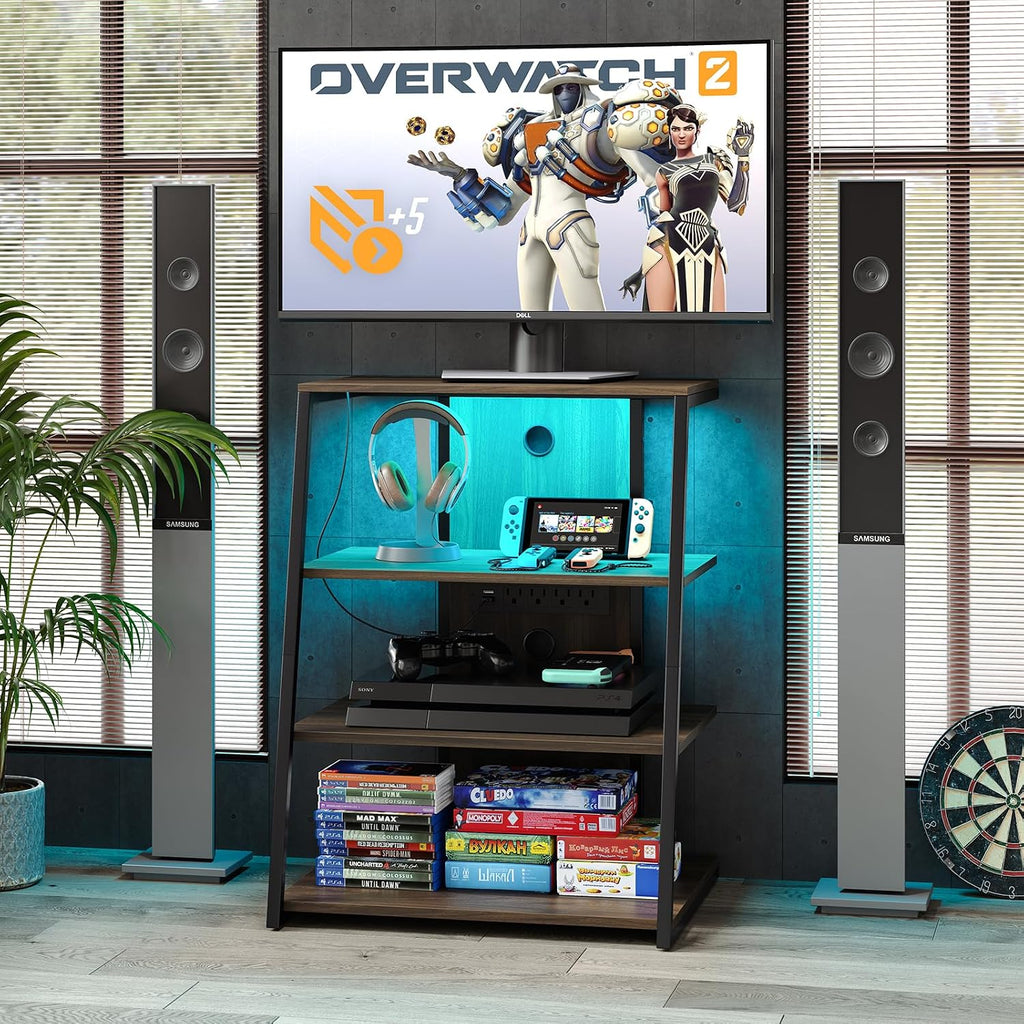 4-Tier AV Media Stand with Charge Station, Corner TV Stand with LED Lights, Rack Audio Tower, Corner Entertainment Center, Stereo Cabinet for/Apple TV/Xbox One/ps4 (Walnut)