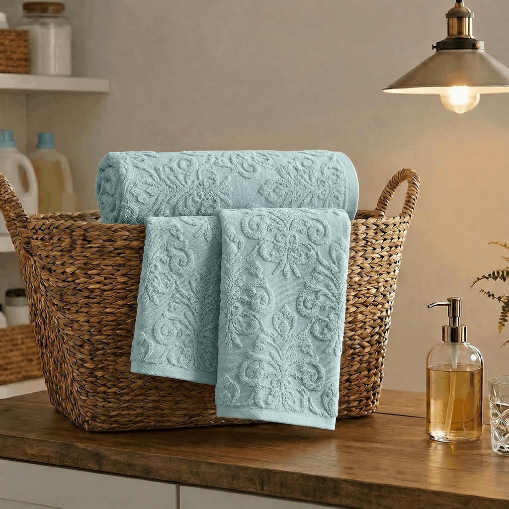 Artoid Mode 2 Pcs Blue 3D Vintage Floral Hand Towels for Bathroom, 100% Cotton Soft Absorbent Bathroom Decor Towels, 13.7 x 29.5 Inch