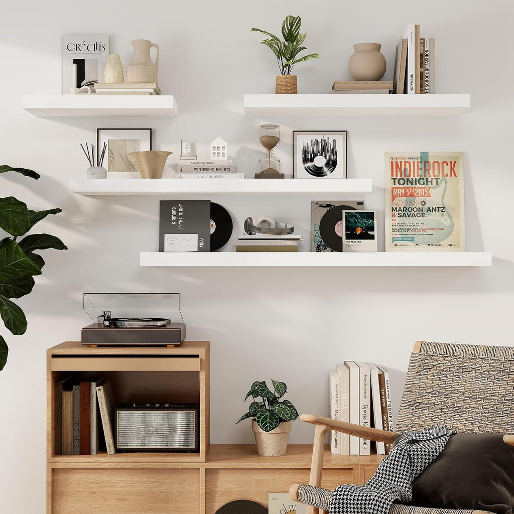 Fun Memories Floating Shelves, 9.3'' Deep Solid Pine Wood Wall Shelves for Storage, Wall Mounted Display Shelf with Invisible Heavy-Duty Metal Bracket, 36'' Width Set of 2, White