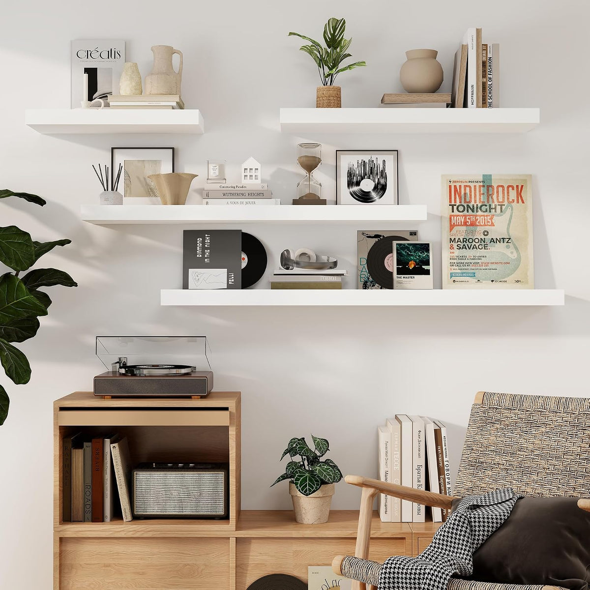 Fun Memories Floating Shelves, 9.3'' Deep Solid Pine Wood Wall Shelves for Storage, Wall Mounted Display Shelf with Invisible Heavy-Duty Metal Bracket, 36'' Width Set of 2, White