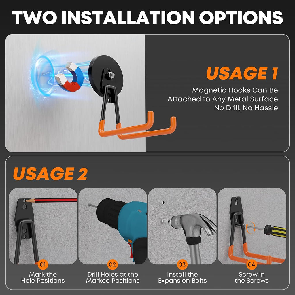 Heavy Duty Magnetic Garage Hooks, 2 Pack Large Strong Magnet Hooks For Garage, Magnetic Tool Holder Utility Hooks With Anti-Slip Coating Magnetic Hooks For Hanging Tools, Drill, Hose, Garden Tools